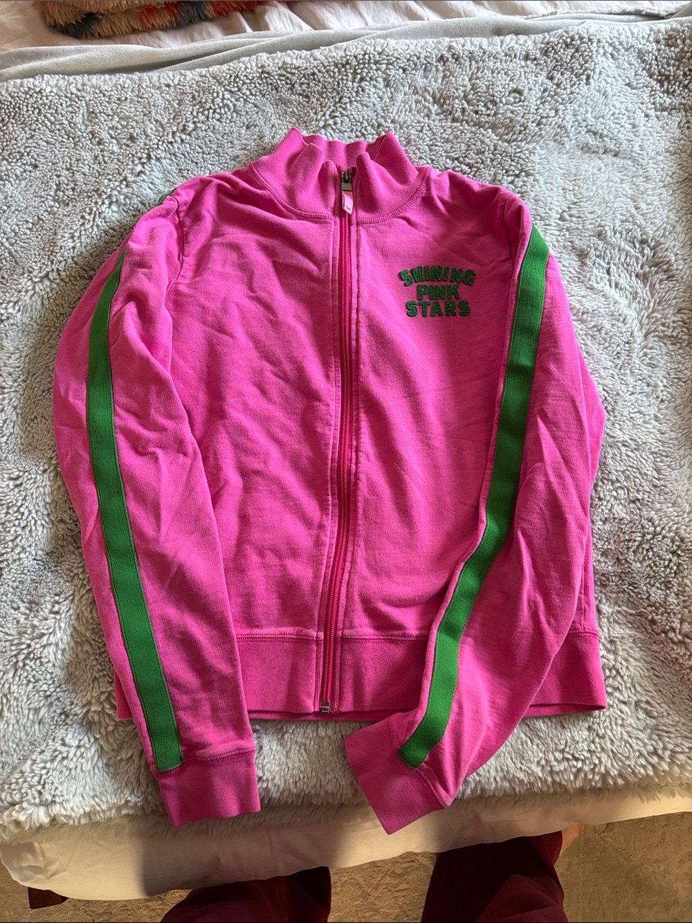 Vintage VS Pink Zip-Up Track Jacket with Green Stripes - Shining Pink Stars